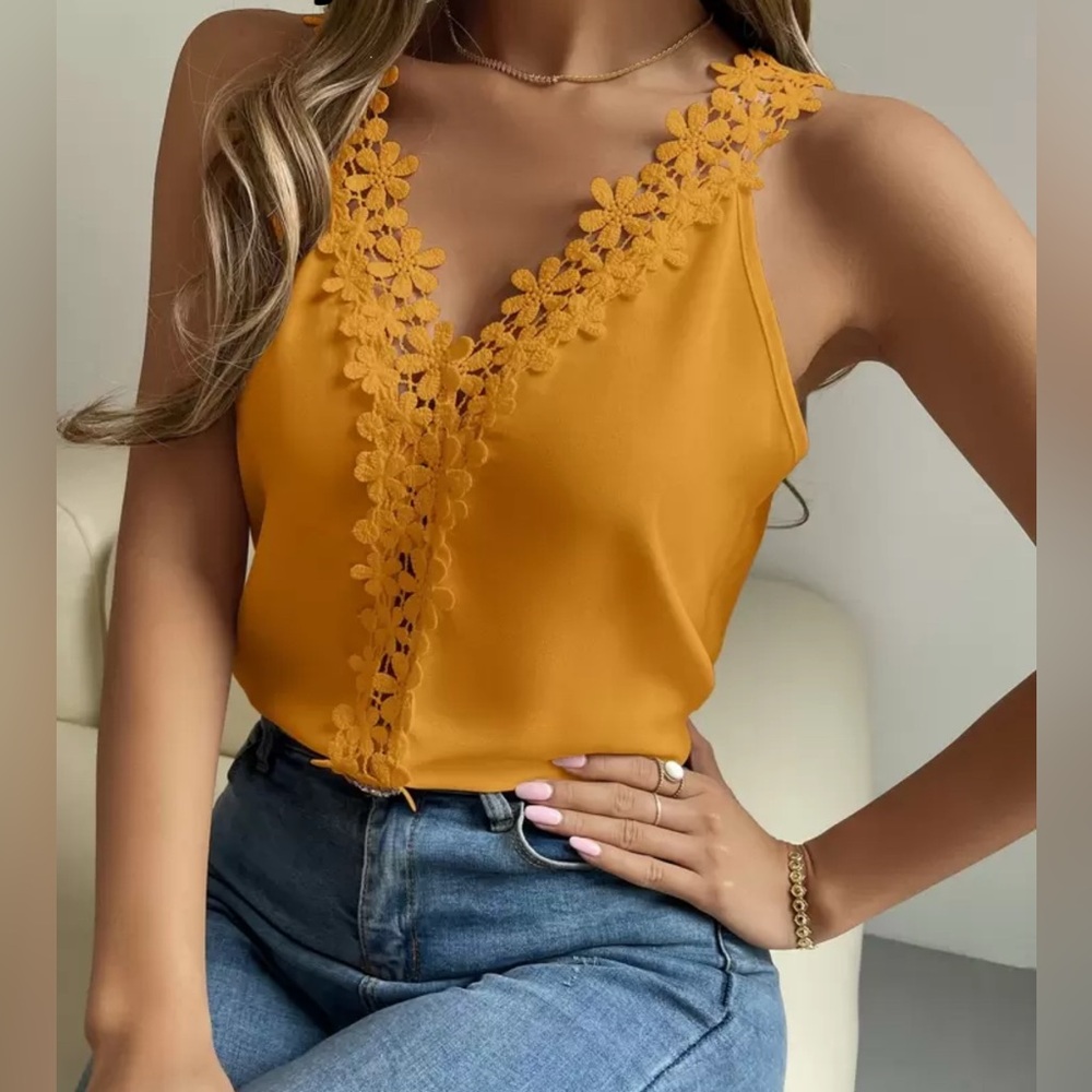 Women’s yellow lace V-neck top